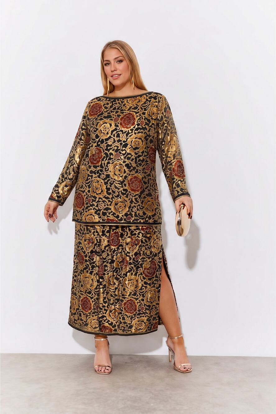 Jeanne Marc Black Gold Shimmer Burn Out Funky Formal Skirt Set L XL Golden Girls
